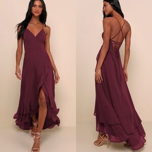 Lulus | In Love Forever Plum Burgundy Lace-Up High-Low Maxi Dress